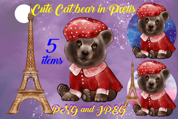 Cute Cartoon Bear in Paris Watercolor