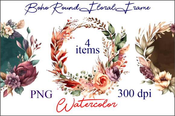 Watercolor Boho Round Floral Frame PNG